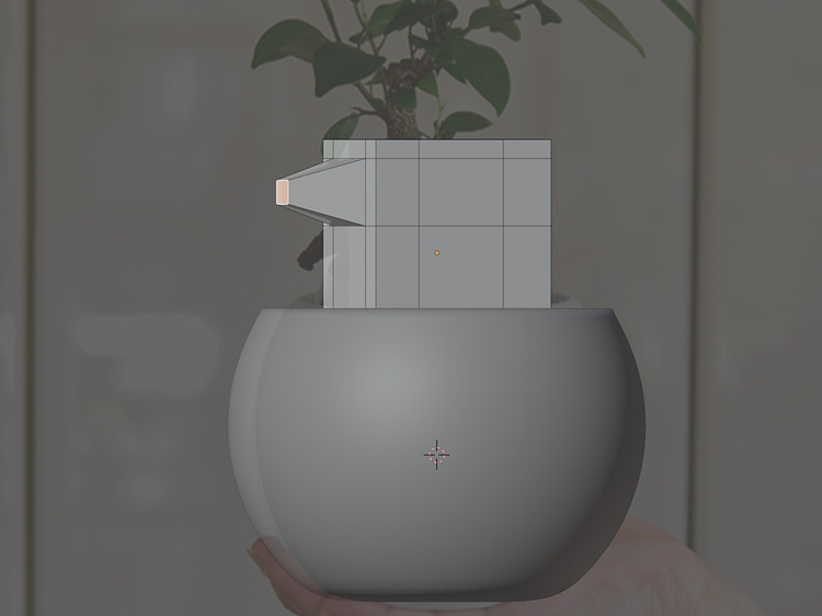 側面の面を選択してE+Xで押し出し、Sで縮小します